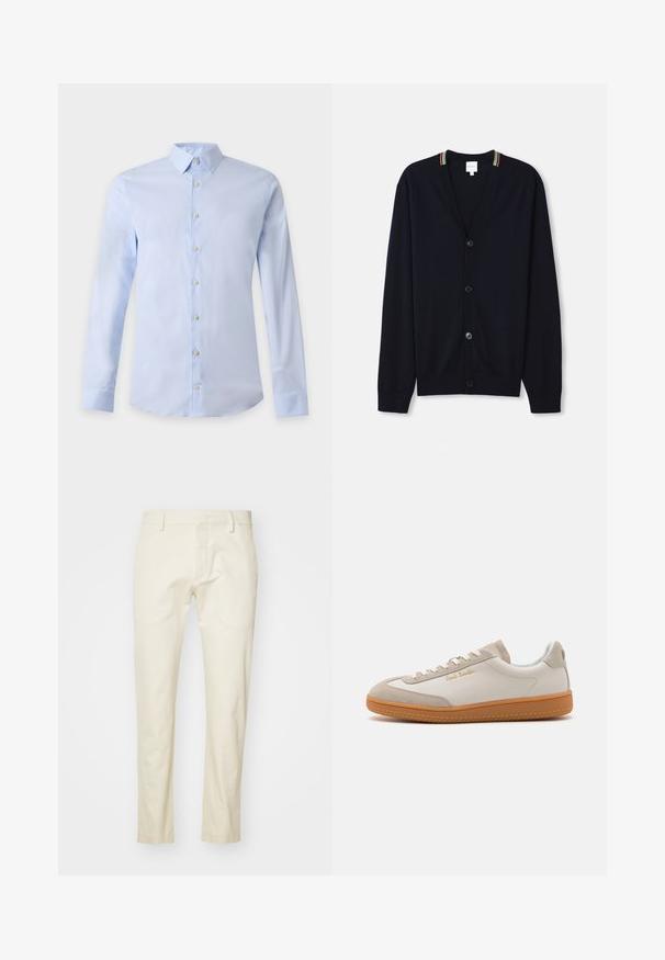 Marineblauwe cardigan met een V-hals, sluiting met vijf knopen, geribde manchetten en een meerkleurige gestreepte rand op de kraag. Zachte gebreide stof.; Lichtblauw herenoverhemd met lange mouwen, klassieke kraag en witte knopen aan de voorkant op een effen achtergrond.; Beige katoenen broek met een recht gesneden ontwerp, met een ritssluiting aan de voorkant en platte zakken. Gemonteerde stof met een gladde afwerking.; Witte en beige lage sneakers met een gumrubberen zool, witte veters, suède details en een gouden "Paul Smith" logo aan de zijkant.
