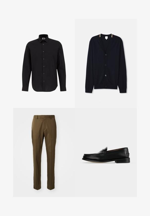 Cardigan bleu marine avec un col en V, fermeture à cinq boutons, poignets côtelés et un bord rayé multicolore sur le col. Tissu tricoté doux.; Chemise noire à manches longues, à boutons, en tissu tissé, avec un col classique, un ourlet droit et des boutons noirs sur le devant.; Pantalons marron ajustés avec une coupe droite, en tissu lisse, dotés de poches latérales et d'un pli sur le devant.; Mocassin homme en cuir noir avec un petit talon et une couture de style mocassin sur l'avant, vu de côté sur un fond uni.