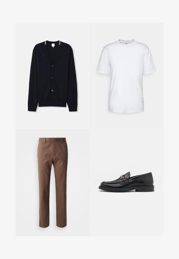 Marineblå cardigan med V-hals, fem knapper, ribbede manchetter og en multicolor stribet kant på kraven. Blødt strikket stof.; Hvid bomulds t-shirt med rund hals, korte ærmer og lige kant. Har et lille mærke på den venstre sidesøm.; Brune bukser med en skræddersyet pasform, flad front og to sidelommer. Lavet af et glat stof med en ren finish og uden synlige mønstre.; Sorte læder loafers med en rund tå, der har guld hardware accent og syningsdetaljer, placeret på en lav, tekstureret gummisål.