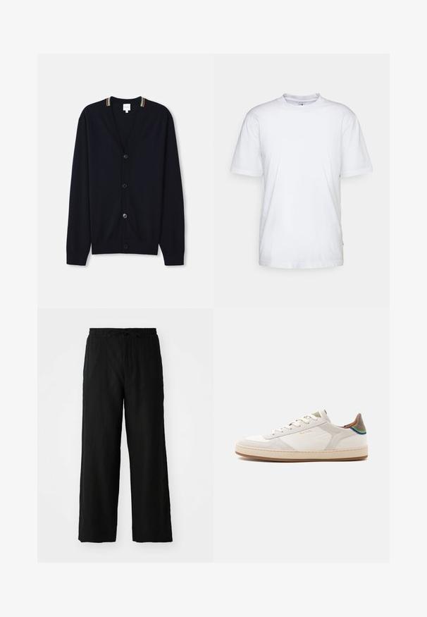 Cardigan bleu marine avec un col en V, fermeture à cinq boutons, poignets côtelés et un bord rayé multicolore sur le col. Tissu tricoté doux.; T-shirt en coton blanc avec un col rond, des manches courtes et un ourlet droit. Présente une petite étiquette de marque sur la couture latérale gauche.; Pantalon large noir en tissu léger, avec une taille élastique dotée d'un cordon de serrage et sans poches visibles ni motifs.; Baskets basses blanches avec semelle beige, lacets à l’avant, détail vert et bleu sur le talon, et discret logo doré "Paul Smith" sur le côté.