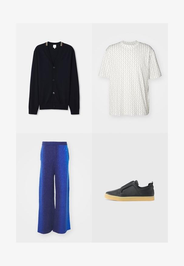 Cardigan bleu marine avec un col en V, fermeture à cinq boutons, poignets côtelés et un bord rayé multicolore sur le col. Tissu tricoté doux.; T-shirt blanc avec un motif « A » gris répétitif, manches courtes, encolure ronde et coupe décontractée. Fabriqué en tissu doux.; Pantalons larges en dégradé de tons bleus, dotés d'un tissu texturé, d'une taille élastique et de poches latérales. Détail brodé subtil à la taille.; Chaussures noires à enfiler en matériau texturé, dotées d'une semelle en caoutchouc de couleur marron clair, avec des accents angulaires uniques sur le côté et une languette d'extraction.