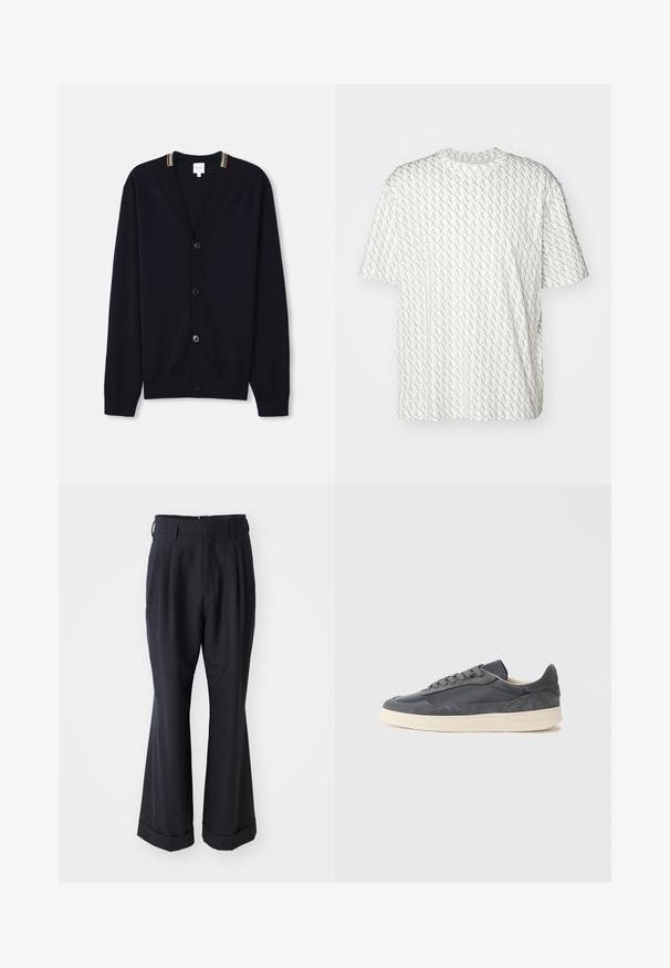 Cardigan bleu marine avec un col en V, fermeture à cinq boutons, poignets côtelés et un bord rayé multicolore sur le col. Tissu tricoté doux.; T-shirt blanc avec un motif « A » gris répétitif, manches courtes, encolure ronde et coupe décontractée. Fabriqué en tissu doux.; Pantalons noirs ajustés avec une coupe décontractée, devant plissé et jambes larges. Caractéristiques d'un ourlet à retournement et d'une texture de tissu lisse.; Baskets gris foncé en cuir et daim avec une conception basse, dotées d'une semelle en caoutchouc de couleur crème et de lacets plats.