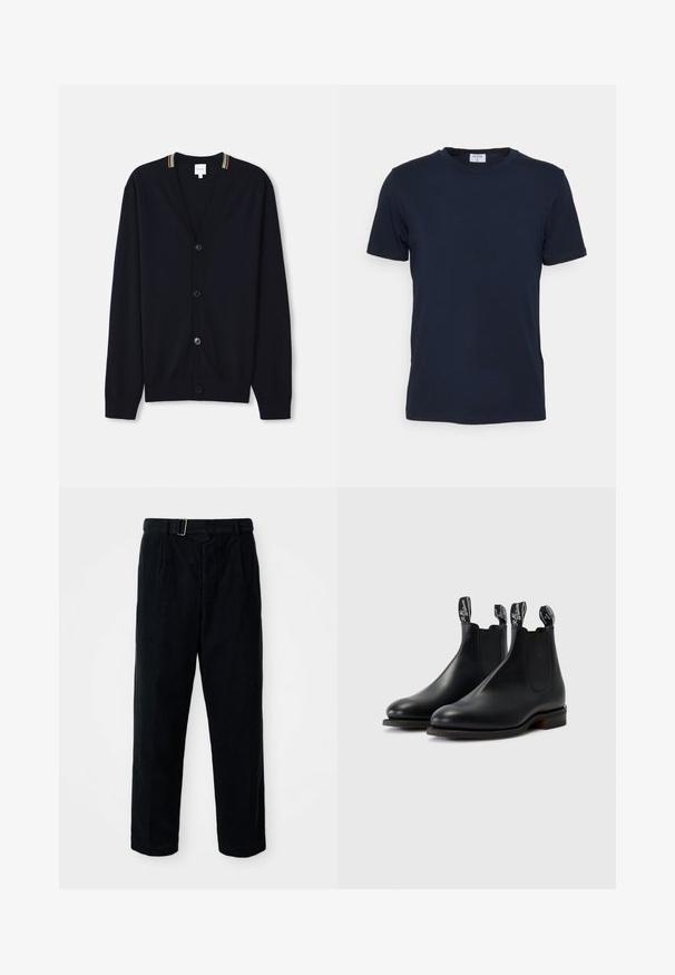 Marineblå cardigan med V-hals, fem knapper, ribbede manchetter og en multicolor stribet kant på kraven. Blødt strikket stof.; Marineblå crew-neck t-shirt lavet af blødt stof. Korte ærmer med en klassisk pasform, der har et mærke ved halsen. Glat tekstur, minimalistisk design.; Sorte corduroybukser med lige snit, plisseret front og et bælte med en sølvspænde. Har sidelommer og et struktureret stof.; Sorte læder chelsea støvler med elastiske sidepaneler, kontrasterende syninger og trækstænger med mærkets logo. Flade gummisåler.