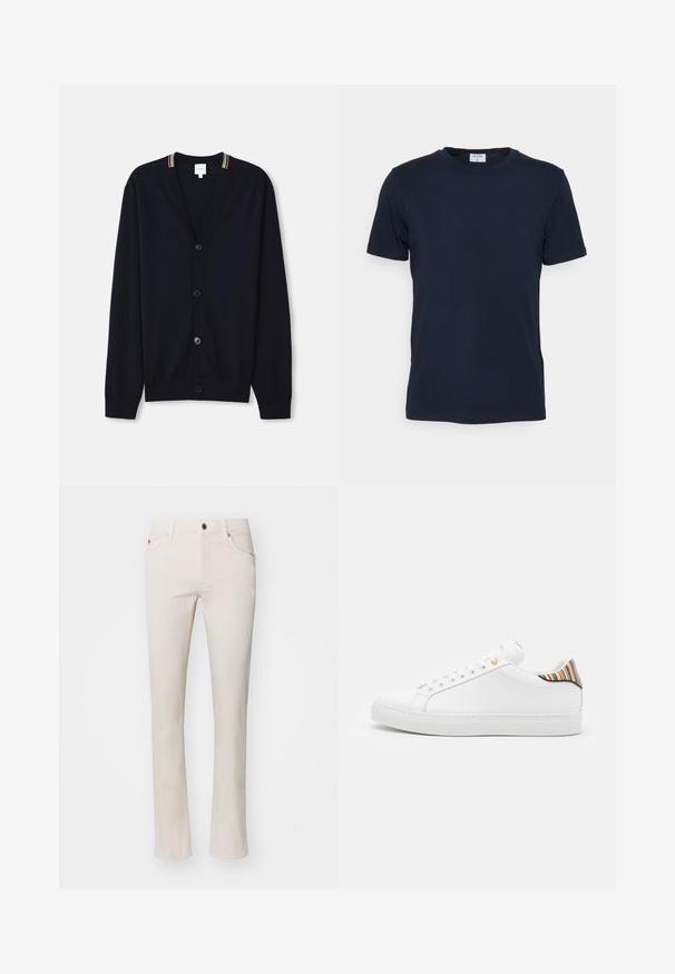 Marineblauwe cardigan met een V-hals, sluiting met vijf knopen, geribde manchetten en een meerkleurige gestreepte rand op de kraag. Zachte gebreide stof.; Marineblauwe crewneck t-shirt gemaakt van zachte stof. Korte mouwen met een klassieke pasvorm, met een label aan de hals. Soepele textuur, minimale uitstraling.; Beige straight-leg jeans gemaakt van een katoenmix. Voorzien van een traditionele vijfzakkenontwerp en een metalen knoopsluiting bij de taille.; Witte leren sneaker met een gladde afwerking, voorzien van een kleurrijke gestreepte accent op de hiel, gouden oogjes en een vlakke witte zool.