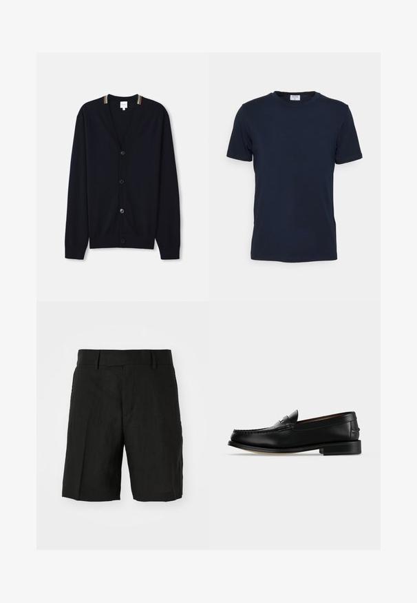 Marineblauer Cardigan mit V-Ausschnitt, fünf Knöpfen, gerippten Bündchen und einem mehrfarbigen gestreiften Rand am Kragen. Weicher Strickstoff.; Navyblaues T-Shirt mit Rundhalsausschnitt aus weicher Baumwolle. Kurze Ärmel mit klassischer Passform, mit einem Etikett am Hals. Glatte Textur, minimalistisches Design.; Schwarze Leinen Shorts mit lässiger Passform, mit flachem Bund, seitlichen Taschen und mittellanger Schnittführung. Gut sichtbare, leichte Textur.; Schwarzer Leder-Herrenschuh (Loafer) mit niedrigem Absatz und Mokassin-artiger Naht am Zehenbereich, seitlich auf einfarbigem Hintergrund dargestellt.