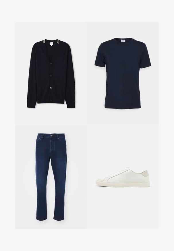 Cardigan bleu marine avec un col en V, fermeture à cinq boutons, poignets côtelés et un bord rayé multicolore sur le col. Tissu tricoté doux.; T-shirt bleu marine à col ras du cou fabriqué en tissu doux. Manches courtes avec une coupe classique, avec une étiquette au niveau du col. Texture lisse, design minimal.; Jean en denim bleu foncé avec une taille mi-haute, un design à jambe droite, une finition à cinq poches et une fermeture classique à bouton métallique.; Baskets en cuir blanc avec une surface lisse, bout rond et design minimaliste. Présentent des accents beiges sur le talon et une semelle en caoutchouc.