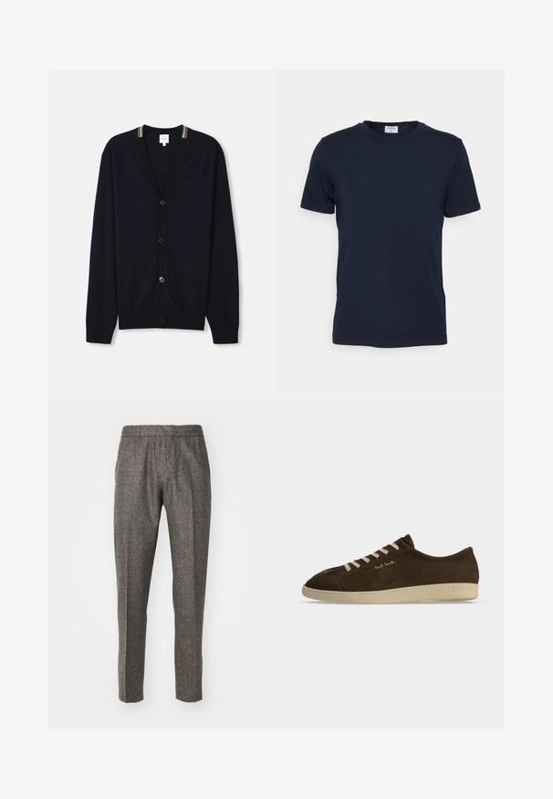 Marineblauwe cardigan met een V-hals, sluiting met vijf knopen, geribde manchetten en een meerkleurige gestreepte rand op de kraag. Zachte gebreide stof.; Marineblauwe crewneck t-shirt gemaakt van zachte stof. Korte mouwen met een klassieke pasvorm, met een label aan de hals. Soepele textuur, minimale uitstraling.; Grijze wollen broek met een op maat gemaakt ontwerp, voorzien van een gladde textuur, rechte pijpen en subtiele stikhoudingen.; Donkerbruine suède lage sneaker met beige zool en veters, met kleine gouden "Paul Smith"-branding aan de zijkant.