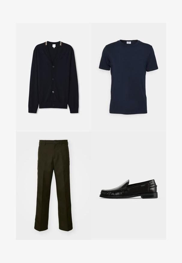 Cárdigan azul marino con escote en V, cierre de cinco botones, puños de punto acanalado y un borde de collar con rayas multicolores. Tejido de punto suave.; Camiseta de cuello redondo en azul marino, fabricada con tejido suave. Tiene mangas cortas y un corte clásico, con una etiqueta en el cuello. Textura lisa y diseño minimalista.; The Kooples PANTALON - Pantalones - kaki; Mocasín de cuero negro sin cordones con detalle trenzado a lo largo de los lados y tacón bajo sobre un fondo blanco liso.
