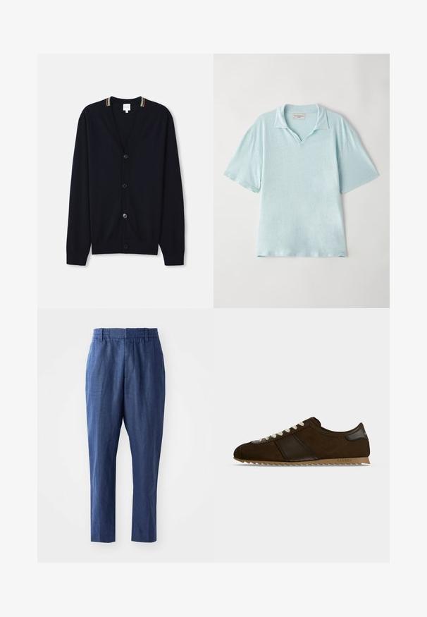 Cárdigan azul marino con escote en V, cierre de cinco botones, puños de punto acanalado y un borde de collar con rayas multicolores. Tejido de punto suave.; Camisa polo de color azul claro, de manga corta, con cuello y un corte relajado. Tela suave y texturizada con un sutil patrón jaspeado.; Pantalones de lino azul marino con un corte relajado, cinturilla elástica y piernas ajustadas. Presentan una textura suave y detalles de costura mínimos.; Zapatilla deportiva de corte bajo color marrón oscuro con cordones blancos, franja lateral negra y suela serrada color marrón claro sobre fondo liso gris claro.