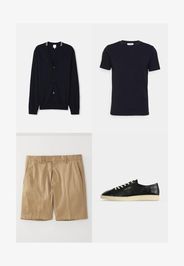 Marineblå cardigan med V-hals, fem knapper, ribbede manchetter og en multicolor stribet kant på kraven. Blødt strikket stof.; Sort kortærmet t-shirt med rund hals og et lille hvidt mærke indeni halsudskæringen.; Khaki shorts med en glat, vævet tekstur, der har to sidelommer og en lige snit, designet med en flad talje og bæltestropper.; Sort lavtop lædersneaker med cremefarvet sål og snørebånd, gyldent "Paul Smith" logo på siden og præget symbol nær hælen.