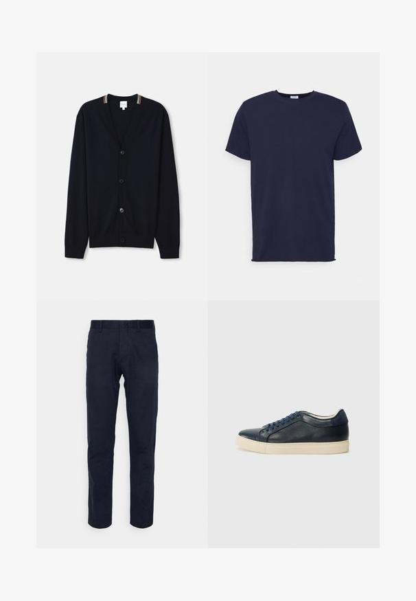 Marineblauwe cardigan met een V-hals, sluiting met vijf knopen, geribde manchetten en een meerkleurige gestreepte rand op de kraag. Zachte gebreide stof.; Navyblauwe T-shirt met korte mouwen van zachte stof. Heeft een ronde hals en een rechte snit zonder patronen of accenten.; Marineblauwe broeken gemaakt van een gladde stof, met een rechte snit, riemlussen en een minimalistisch ontwerp, zonder zichtbare patronen of accenten.; Marineblauwe leren sneaker met een crèmekleurige rubbersole, voorzien van blauwe veters en een gladde textuur. Ronde neus en minimalistisch ontwerp.