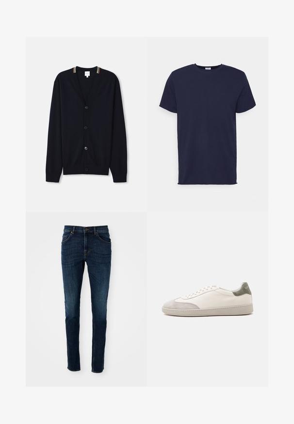 Marineblå cardigan med V-hals, fem knapper, ribbede manchetter og en multicolor stribet kant på kraven. Blødt strikket stof.; Marineblå kortærmet t-shirt lavet af blødt stof. Har rund halsudskæring og en lige pasform uden mønstre eller accenter.; Mørkeblå denim jeans med slim fit, struktureret design, fem-lommes stil og let falmning langs benene og sømmene.; Hvid lav sneaker med lysegrå ruskind på tå og hæl, hvide snørebånd og en flad beige sål, vist fra ydersiden.
