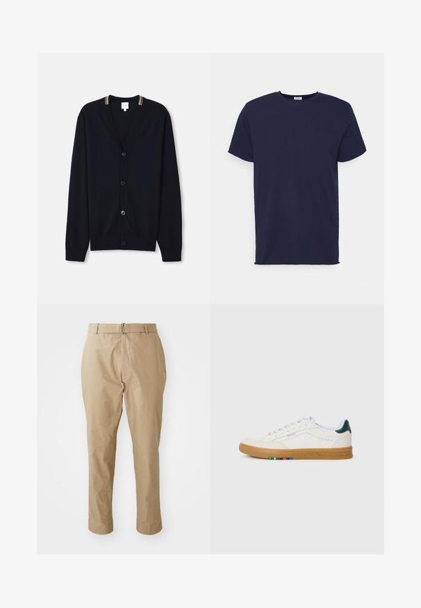Marineblå cardigan med V-hals, fem knapper, ribbede manchetter og en multicolor stribet kant på kraven. Blødt strikket stof.; Marineblå kortærmet t-shirt lavet af blødt stof. Har rund halsudskæring og en lige pasform uden mønstre eller accenter.; Beige chinos i en glat bomuldsblanding med en slim fit, flad front, bæltestropper og en simpel sølvspænde i et minimalistisk design.; Hvide lædersneakers med perfereret design, gummisul, grøn hælaccent og farverig stribe detalje på siden.