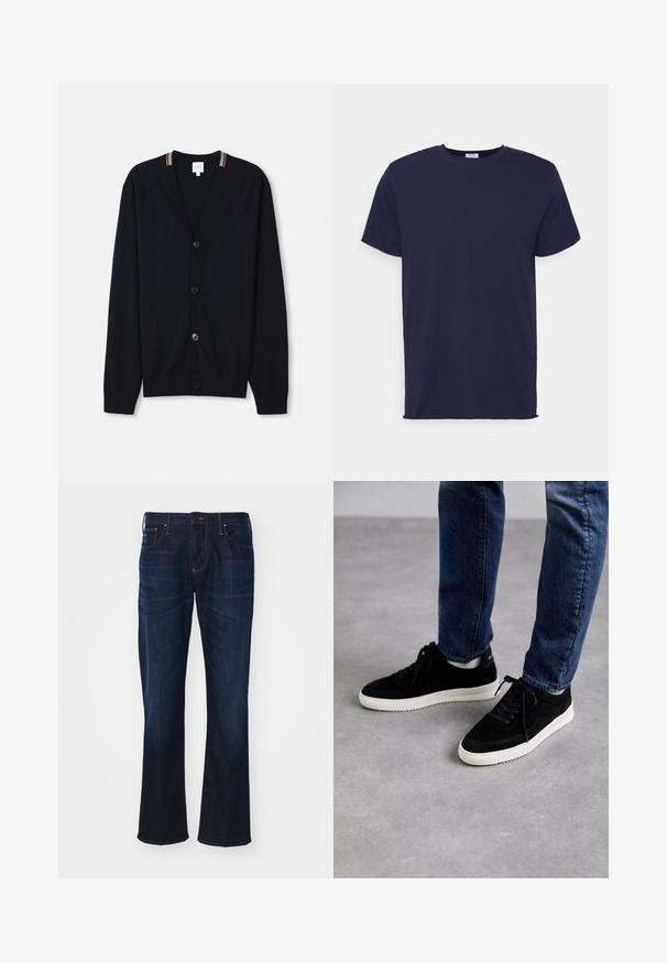 Cárdigan azul marino con escote en V, cierre de cinco botones, puños de punto acanalado y un borde de collar con rayas multicolores. Tejido de punto suave.; Camiseta de manga corta azul marino hecha de tela suave. Presenta un cuello redondo y un corte recto sin patrones ni acentos.; Jeans de denim azul oscuro con corte recto, diseño de cinco bolsillos y detalles de costura notables. La tela tiene una textura suave.; Zapatillas de ante negras con suela de goma blanca, que presentan un diseño clásico de corte bajo, puntera redondeada y cordones planos negros.