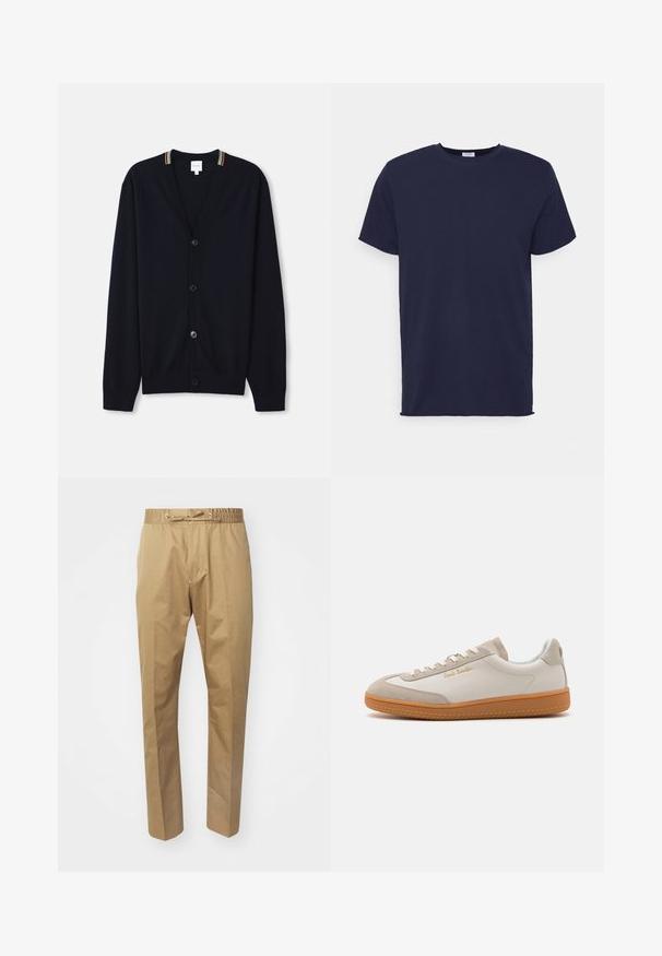 Marineblå cardigan med V-hals, fem knapper, ribbede manchetter og en multicolor stribet kant på kraven. Blødt strikket stof.; Marineblå kortærmet t-shirt lavet af blødt stof. Har rund halsudskæring og en lige pasform uden mønstre eller accenter.; Beige bukser med elastisk talje og justerbar snøre. Glat tekstur, lige ben og minimalistisk design.; Hvide og beige lavtoppede sneakers med gummisål, hvide snørebånd, detaljer i ruskind og guld "Paul Smith" logo på siden.