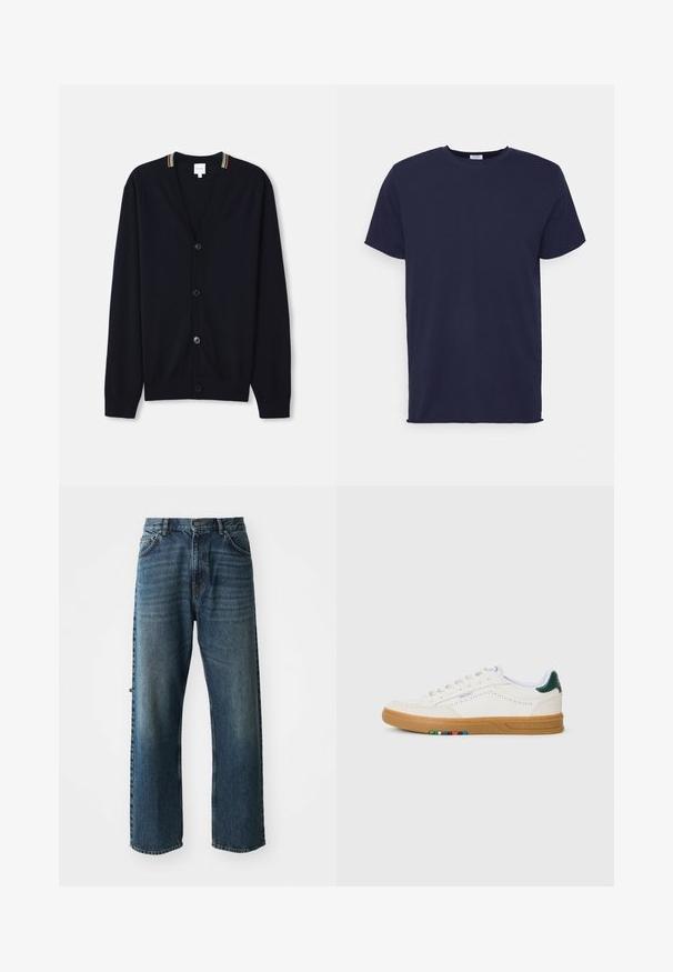 Cardigan bleu marine avec un col en V, fermeture à cinq boutons, poignets côtelés et un bord rayé multicolore sur le col. Tissu tricoté doux.; T-shirt bleu marine à manches courtes fabriqué en tissu doux. Présente un col rond et une coupe droite sans motifs ni accents.; NN.07 OTIS - Jean droit - stonewashed; Baskets en cuir blanc avec design perforé, semelle en caoutchouc translucide, accent de talon vert et détail à rayures colorées sur le côté.