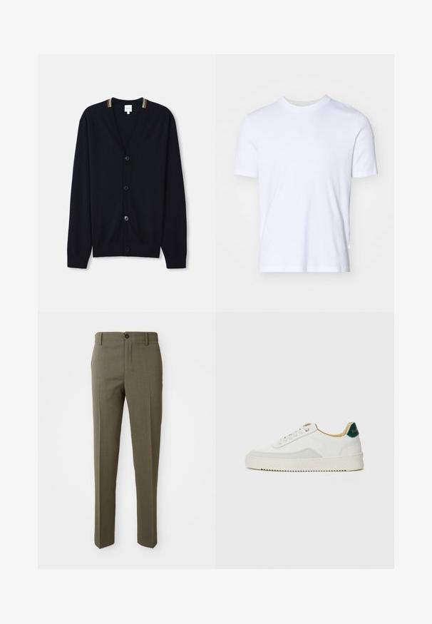 Marineblå cardigan med V-hals, fem knapper, ribbede manchetter og en multicolor stribet kant på kraven. Blødt strikket stof.; Hvid bomulds T-shirt med ribbet rund halsudskæring, korte ærmer og normal pasform. Glat tekstur, ingen synlige mønstre eller detaljer.; Olivengrønne skræddersyede bukser med en glat overflade, lige bendesign, enkelt foretrukket knap og sidelommer for funktionalitet.; Hvide sneakers med ruskindsdetaljer, rund tå, flade snørebånd og en cremet gummisål. Har grøn branding på hælen.