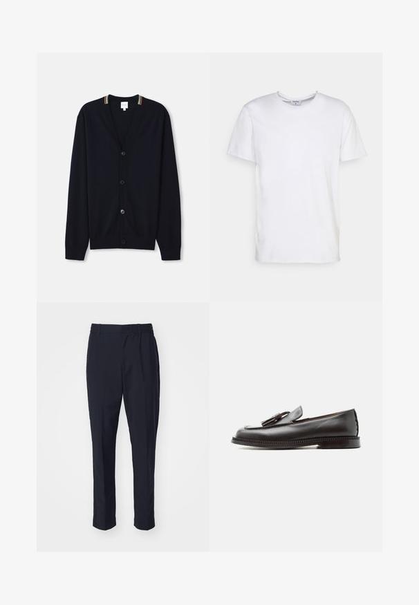Cardigan bleu marine avec un col en V, fermeture à cinq boutons, poignets côtelés et un bord rayé multicolore sur le col. Tissu tricoté doux.; T-shirt blanc à manches courtes en coton. Il présente un col rond et une coupe décontractée sans motifs ni accents visibles.; Pantalons bleu marine avec une texture lisse, une taille élastique et une coupe fuselée. Ne comporte ni poches visibles ni embellissements.; Mocassin en cuir noir avec détail pompon, semelle plate et bout arrondi, présenté de profil sur fond blanc.