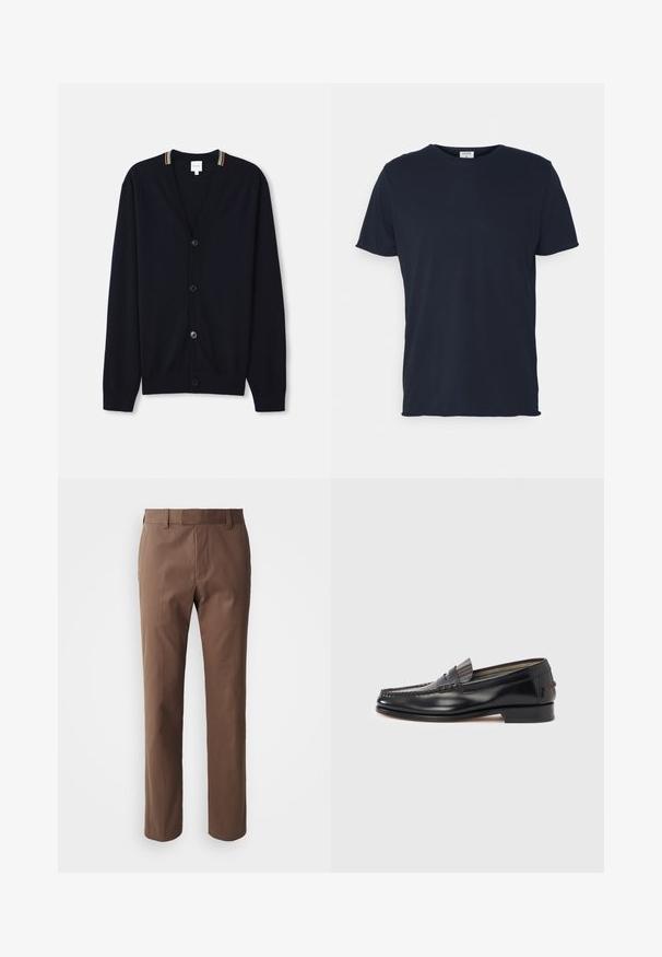 Marineblauer Cardigan mit V-Ausschnitt, fünf Knöpfen, gerippten Bündchen und einem mehrfarbigen gestreiften Rand am Kragen. Weicher Strickstoff.; Marineblaue Baumwoll-T-Shirt mit Rundhalsausschnitt und kurzen Ärmeln, mit einer glatten Oberfläche und einfachem Design, ohne sichtbare Muster oder Akzente.; Braune Hose mit taillierter Passform, flachem Frontdesign und zwei seitlichen Taschen. Hergestellt aus einem glatten Stoff mit sauberem Finish und ohne sichtbare Muster.; Schwarze Leder-Loafer mit Mokassin-Design, verziert mit einem dekorativen Band und Steppnähten am Obermaterial. Niedriger Blockabsatz.