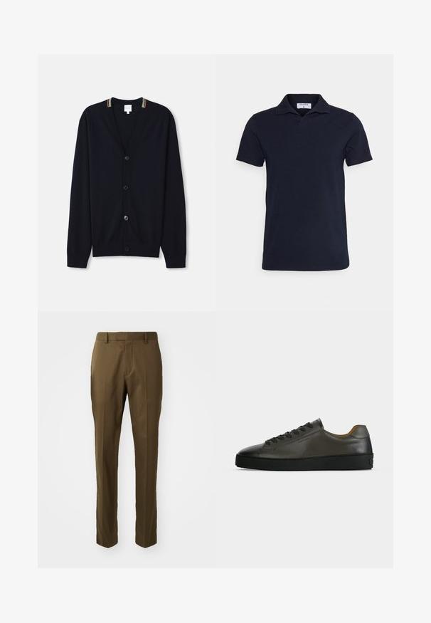Marineblauer Cardigan mit V-Ausschnitt, fünf Knöpfen, gerippten Bündchen und einem mehrfarbigen gestreiften Rand am Kragen. Weicher Strickstoff.; Navyblaues Poloshirt aus Baumwolle mit klassischen Kragen und kurzen Ärmeln. Einfaches Design mit glatter Textur.; Braune maßgeschneiderte Hose im geraden Schnitt, aus glattem Stoff mit seitlichen Taschen und einem Bundfalten vor.; Niedriger dunkelgrauer Ledersneaker mit schwarzen Schnürsenkeln und Sohle, minimalistisches Design, Seitenprofil vor einem schlichten hellen Hintergrund.