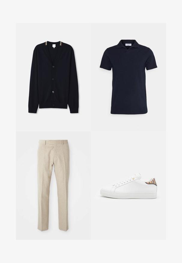 Marineblå cardigan med V-hals, fem knapper, ribbede manchetter og en multicolor stribet kant på kraven. Blødt strikket stof.; Mørkeblå polo skjorte lavet af bomuld, med klassisk krave og korte ærmer. Enkel design med en glat overflade.; Beige skræddersyede bukser lavet af tekstureret stof, med flad front, lige ben og en traditionel talje med bæltesløjfer.; Hvide lædersneakers med en glat overflade, prydet med en farverig stribet detalje på hælen, guldøje og flad hvid sål.