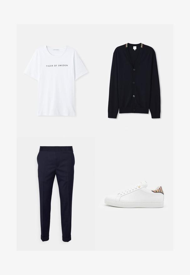 Marineblauwe cardigan met een V-hals, sluiting met vijf knopen, geribde manchetten en een meerkleurige gestreepte rand op de kraag. Zachte gebreide stof.; Witte T-shirt met een ronde hals en korte mouwen. Zwart tekst met "TIGER OF SWEDEN" gecentreerd op de voorkant. Soepele stofstructuur.; Navyblauwe broek met een gladde textuur, voorzien van een elastische tailleband en opgerolde manchetten, ontworpen in een tapered fit met zijzakken.; Witte leren sneaker met een gladde afwerking, voorzien van een kleurrijke gestreepte accent op de hiel, gouden oogjes en een vlakke witte zool.