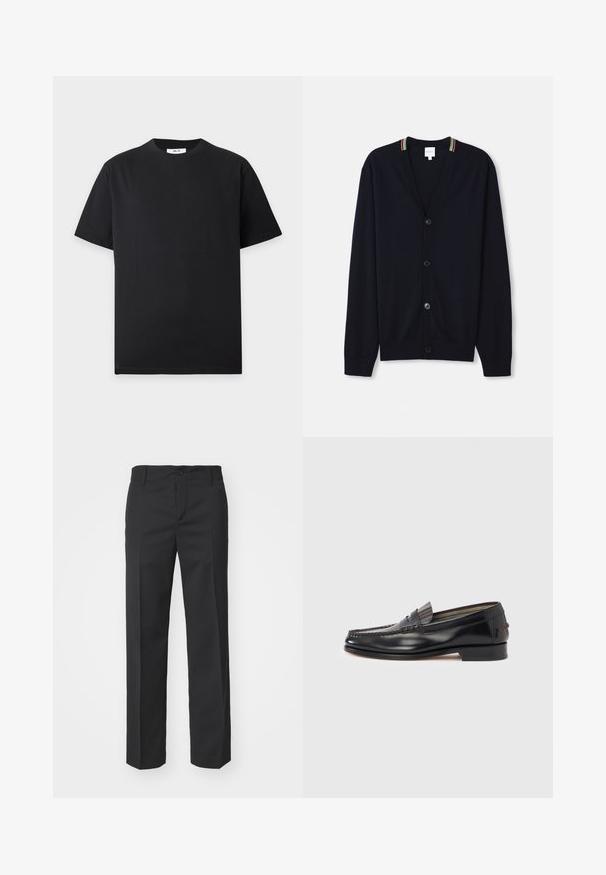 Cardigan bleu marine avec un col en V, fermeture à cinq boutons, poignets côtelés et un bord rayé multicolore sur le col. Tissu tricoté doux.; T-shirt noir uni à manches courtes et col rond avec une petite étiquette blanche à l'intérieur du col sur un fond gris clair.; Filippa K TROY TROUSERS - Pantalon classique - black; Mocassins en cuir noir avec un design de style mocassin, présentant une bande décorative et un détail de couture sur le dessus. Talon bloc bas.