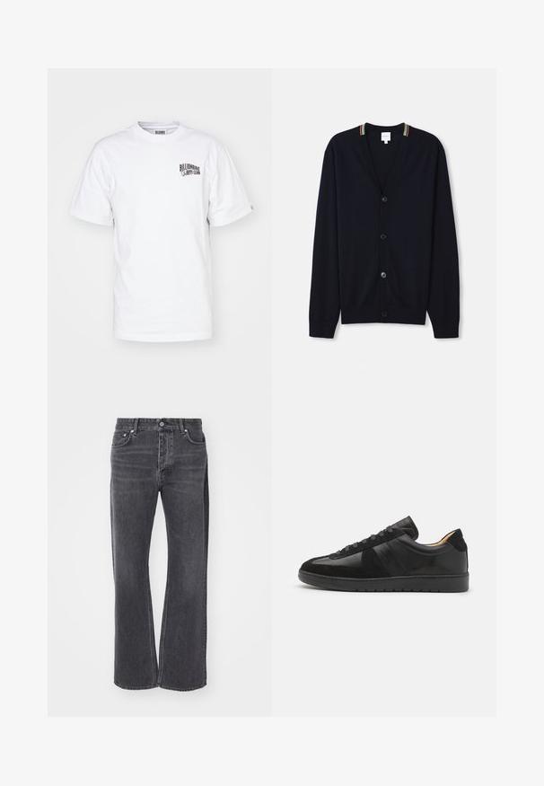 Marineblauwe cardigan met een V-hals, sluiting met vijf knopen, geribde manchetten en een meerkleurige gestreepte rand op de kraag. Zachte gebreide stof.; Witte katoenen t-shirt met een ronde hals, korte mouwen en een klein zwart logo op de bovenkant van de linkerborst. Klassieke pasvorm en gladde textuur.; Zwarte high-waisted jeans met een losse, brede pasvorm. Gemaakt van denim, met subtiele vervaging en voor- en achterzakken.; Tiger of Sweden BELLICU - Sneakers laag - black