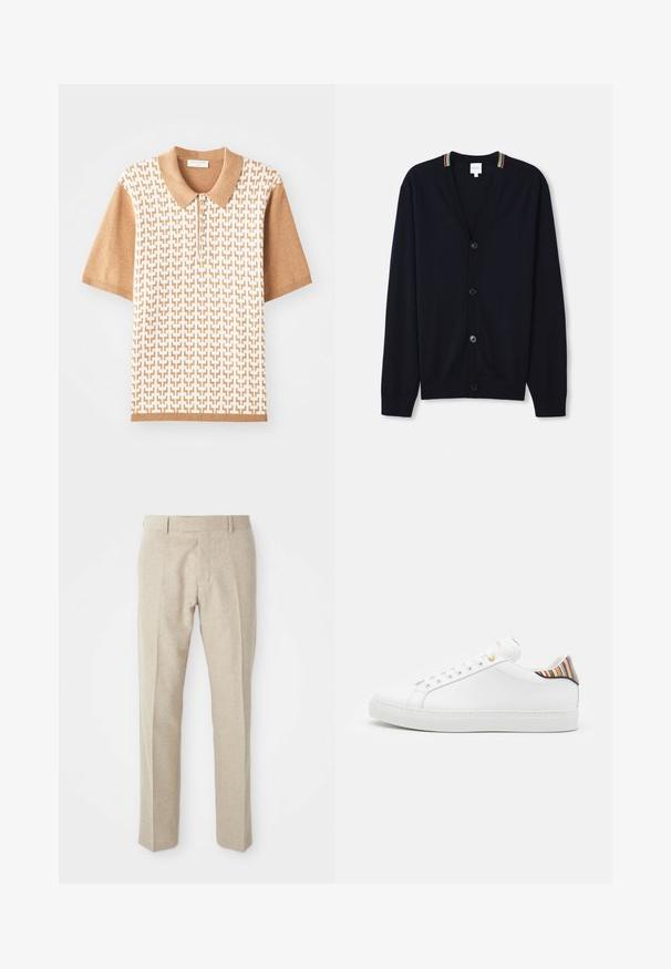 Cárdigan azul marino con escote en V, cierre de cinco botones, puños de punto acanalado y un borde de collar con rayas multicolores. Tejido de punto suave.; Polo de manga corta con un patrón texturizado beige, cuello y puños en marrón claro, con tres botones y diseños geométricos.; Pantalones beige ajustados hechos de una tela texturizada, con un frente plano, piernas rectas y una cintura tradicional con pasadores para cinturón.; Zapatilla de cuero blanca con un acabado suave, que presenta un acento de rayas coloridas en el talón, ojal dorado y suela plana blanca.