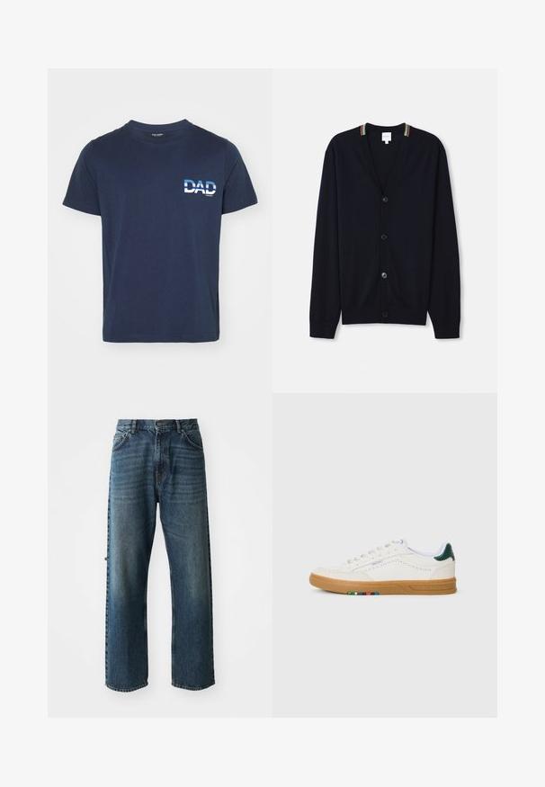 Cárdigan azul marino con escote en V, cierre de cinco botones, puños de punto acanalado y un borde de collar con rayas multicolores. Tejido de punto suave.; Camiseta de algodón azul marino de mangas cortas. Presenta un texto gráfico en blanco "PAPÁ" en el lado izquierdo, en una fuente negrita. Diseño simple y casual.; NN.07 OTIS - Vaqueros rectos - stonewashed; Zapatilla blanca de cuero con diseño perforado, suela de goma, acento verde en el talón y detalle de rayas coloridas en el lateral.