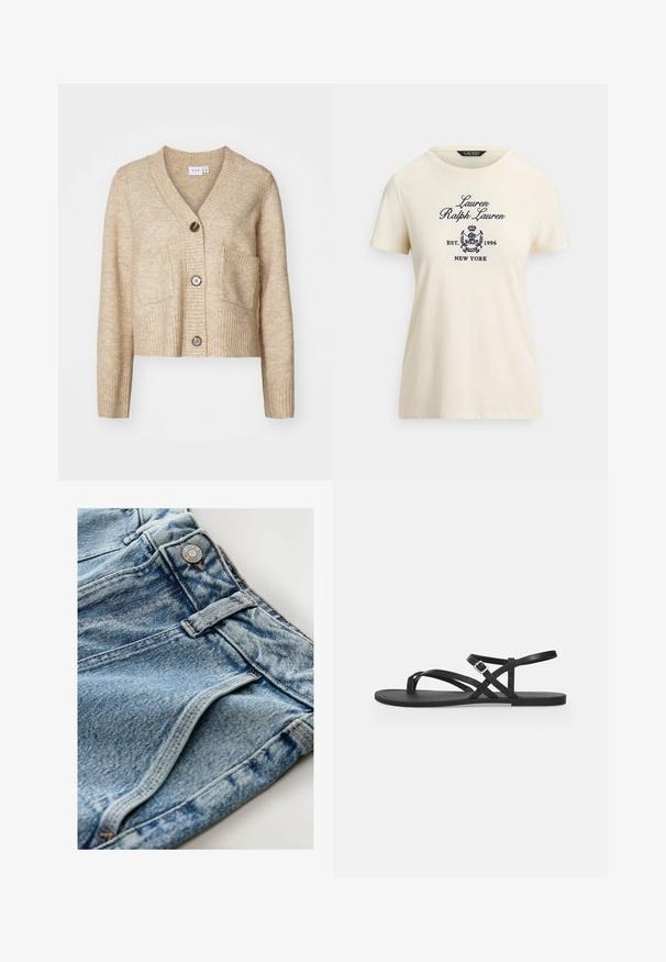 Beige strikket cardigan med V-hals, ribbet struktur, to forlommer og tre brune knapper foran. Blødt, let materiale.; Flødefarvet bomulds-T-shirt med korte ærmer og rund halsudskæring. Fremhæver broderet marineblåt logo og tekst: "Lauren Ralph Lauren EST. 1996 NEW YORK."; Lysblå denimshorts med en falmet tekstur, der har en metalknaplukning og stikninger til bæltesløjfer.; Sort flad sandal med tynde stropper, tåloop og justerbar spænnelukning ved anklen på en ensartet lysegrå baggrund.