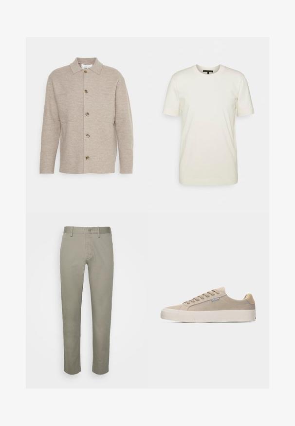 Chemise beige à boutons fabriquée en tissu doux, avec un col, deux poches et des boutons marron sur le devant. Manches droites.; DRYKORN RAPHAEL - T-shirt basique - ecru; Pantalons khaki gris clair au design ajusté, avec une taille plate, des poches standard et une texture de tissu lisse.; Baskets basses en suède beige avec lacets ton sur ton, semelle épaisse en caoutchouc blanc et petite étiquette de marque sur le panneau latéral.