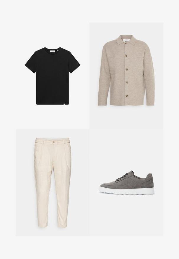 Beige skjorte med knapper lavet af blødt stof, med krave, to lommer og brune knapper foran. Lige skåret ærmer.; Sort kortærmet T-shirt lavet af bomuld, med rund hals og et lille logo broderet på brystet. Glat tekstur, standard pasform.; Beige linnedragter med en let tekstureret overflade, skræddersyet design, frontfald, og en enkelt knaplukning i taljen.; Grå lavtops ruskindssneaker med sorte snørebånd og hvid gummisål, sidevisning, der viser mærkenavnet på hælflappen.