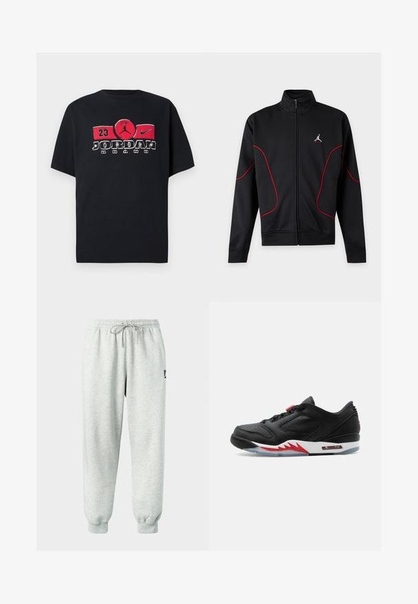 Veste noire zippée intégrale avec col haut, passepoil incurvé rouge sur les manches et à l'avant, et petit logo Jumpman blanc et rouge sur la poitrine gauche.; T-shirt noir à manches courtes avec un petit logo carré réfléchissant représentant la silhouette d'une personne sautant, centré sur la poitrine.; Pantalon de survêtement gris clair en matériau doux avec taille élastique, cordon de serrage et poignets côtelés ; présente un petit logo sur le côté.; Baskets basses en cuir noir avec des accents rouges, semelle intermédiaire blanche avec un motif de dents de requin rouges, et semelle extérieure translucide, vues de côté extérieur.