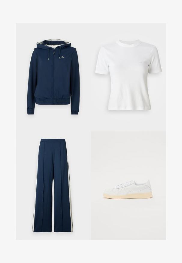 Marineblå hættetrøje med lynlås foran, elastisk talje, sidelister og justerbar snor i hætten. Glat stof, uden mønstre.; Hvid ribbet kortærmet T-shirt med rund halsudskæring og et lille logo på brystet. Lavet af blødt stof med en tætsiddende pasform.; Bredde ben bukser i mørk marinestof med sidelister i creme. Har en høj talje og plisserede detaljer for ekstra struktur.; Sneakers med hvid syntetisk overdel, perforeret design, flade snørebånd og cremefarvet gummisål. Har et logo på hælen og siden.