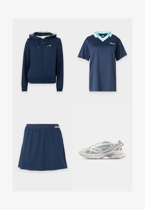 Veste à capuche bleu marine avec fermeture éclair à l'avant, taille élastique, rayures latérales et capuche avec cordon de serrage réglable. Tissu lisse, sans motifs.; Polo shirt bleu marine à manches courtes avec un col bleu clair et un motif à rayures verticales. Présente un logo de marque blanc sur la poitrine.; Jupe-culotte en tissu doux bleu marine avec une taille élastique. Présente un design froncé et un petit logo sur la taille.; Chaussure de sport en mesh gris et crème, avec une tige texturée, un embout renforcé et une semelle extérieure robuste de couleur claire pour une bonne adhérence.