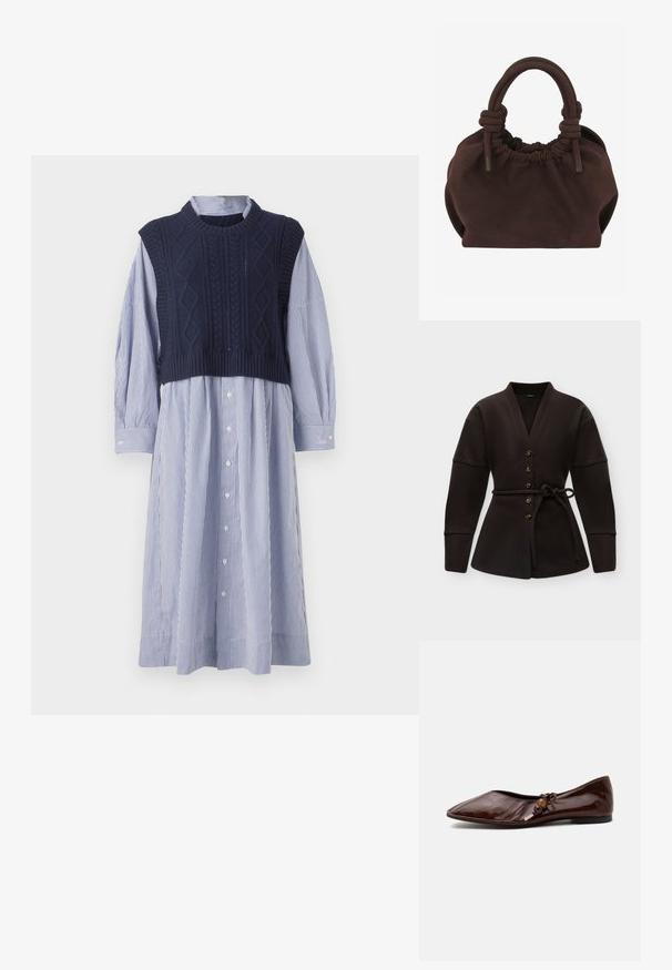 Cárdigan marrón oscuro de manga larga con cinco botones delante y un cinturón atado en la cintura, presentado sobre un fondo liso.; Chaleco de punto trenzado en color navy, superpuesto a un vestido de botones a rayas azul y blanco. Presenta mangas largas y un dobladillo ligeramente acampanado.; Zapato plano de cuero marrón oscuro con punta afilada, con un lazo decorativo y cuentas de madera en el lateral sobre un fondo blanco.; Bolso de tela suave de color marrón oscuro con parte superior fruncida y asas dobles redondeadas atadas con nudos en la base.