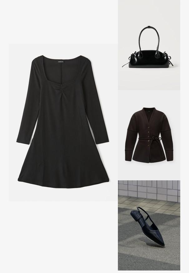 Cardigan marron foncé à manches longues avec cinq boutons sur le devant et une ceinture nouée à la taille, présenté sur un fond uni.; Robe noire à manches longues avec décolleté carré, détail plissé à l'avant, et silhouette évasée avec texture côtelée.; Chaussure plate noire à bout pointu avec bride arrière, flottant au-dessus d'une surface en bitume à côté d'un trottoir carrelé.; Petit sac à main noir brillant avec deux longues anses et des détails à cordon sur les côtés sur un fond clair uni.