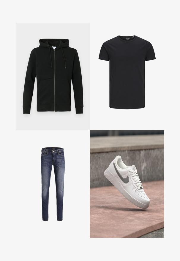 Sort hættejakke med lynlås lavet af blødt stof, med hætte, lange ærmer, forlommer samt ribkant ved ærmer og kant. Minimalistisk design.; Sort bomulds T-shirt med rund hals, korte ærmer og et enkelt design. Glat tekstur, ingen mønstre eller synligt tilbehør.; Mørkeblå slim-fit jeans med let falmning på lår og knæ, med forlommer, bæltestropper og knaplukning.; Hvid Nike Air Force 1 sneaker med gråt swoosh-logo svævende over en stensurface og en grå stenvæg i baggrunden.