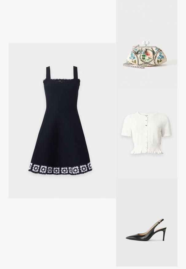 Cardigan blanc en maille à manches courtes, boutonné sur le devant, bords festonnés, ourlet à volants et motifs verticaux texturés.; Robe noire sans manches avec encolure carrée et bordure florale en crochet blanc le long de l'ourlet sur un fond clair uni.; Escarpins en cuir noir avec une pointe fine, une bride ajustable et un talon aiguille élégant, présentant une finition lisse.; Petit porte-monnaie en tissu à fermoir avec broderie florale en perles, cadre métallique et bandoulière chaîne argentée sur un fond uni clair.