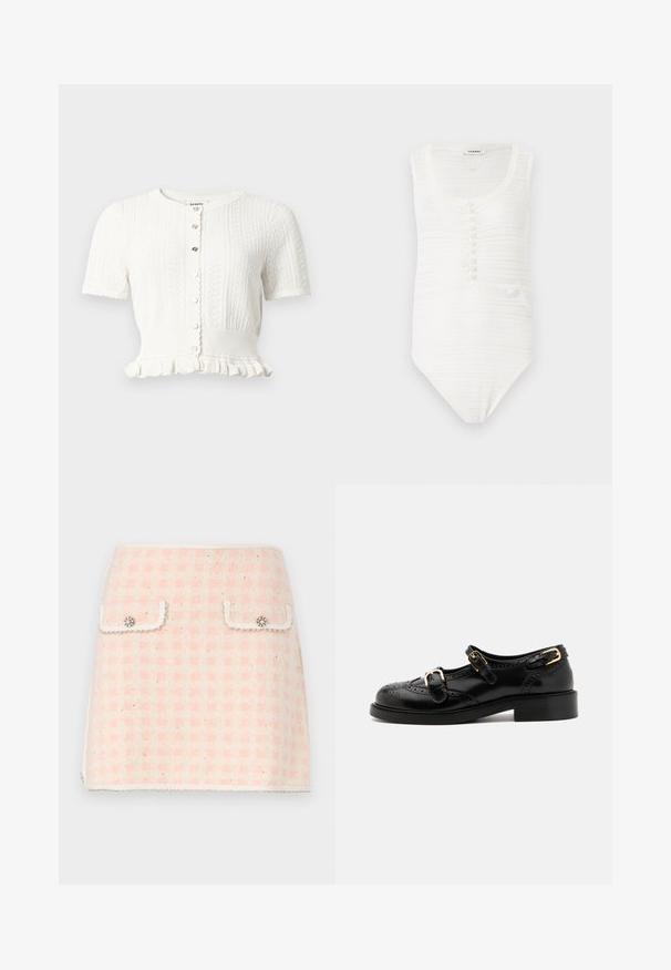 Cardigan blanco de manga corta tejido con botones en la parte frontal, bordes ondulados, bajo con volantes y patrones verticales texturizados.; Body de textura blanca sin mangas con escote redondo y una fila frontal de pequeños botones blancos.; Minifalda de lana en un patrón de cuadros en rosa y crema, con dos bolsillos delanteros adornados con botones decorativos y un dobladillo con flecos.; Zapatos de cuero negro con detalles de brogue, que presentan dos correas con hebillas, una puntera redondeada y un tacón bajo. Textura suave con un acabado brillante.