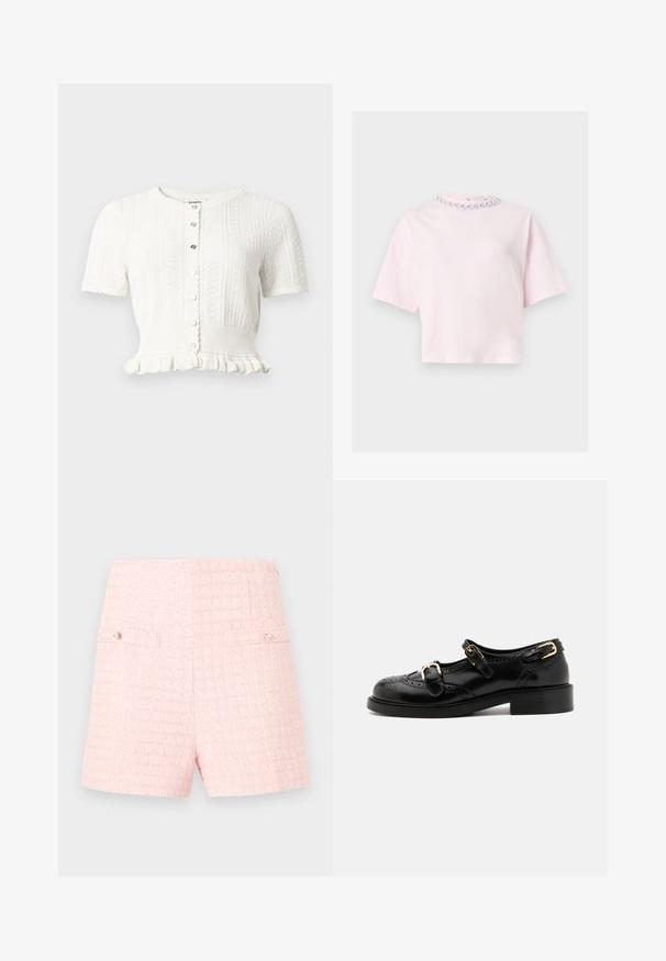 Hvid kortærmet strikket cardigan med knapper foran, bølgede kanter, flæset kant og teksturerede lodrette mønstre.; Lyserød cropped top med korte ærmer og rund halsudskæring pyntet med en række små hvide blomsterperler.; Lyserøde højtaljede shorts i tweed med et subtilt ternet mønster og to forlommer med klap, hver dekoreret med en lille perleknap.; Sorte lædersko med brogue-detaljer, der har to spænder, rund tå og lav hæl. Glat tekstur med blank finish.