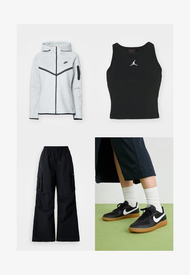 Grijze rits hoodie met een capuchon en zwarte accenten, voorzien van een diagonale ontwerp aan de voorkant, het Nike-logo en een ritszak op de mouw.; Zwarte, op maat gemaakte tanktop van katoen, met een ronde halslijn en een wit Jordan-logo dat op het midden van de voorkant is gestikt. Soepele textuur.; Zwarte cargobroek met wijde pijpen, elastische tailleband, verstelbaar trekkoord en twee steekzakken. Gemaakt van een gladde, lichte stof.; Zwarte leren en synthetische sneakers met witte Nike swoosh, rubberen gumzool, ronde neus en zwarte veters. Geribbelde witte sokken zichtbaar.