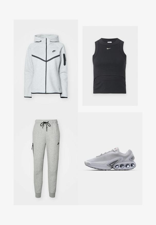 Grå lynlås-hoodie med hætte og sorte accenter, der har et diagonalt design på forsiden, Nike-logo og en lynlåslomme på ærmet.; Sort ærmeløs cropped sportstop med ribbet tekstur og hvid Nike swoosh-logo på brystet.; Grå træningsbukser lavet af blødt stof med en snoretræk i taljen, tapered ben og en lynlåslomme på venstre side. Har sort logo.; Grå mesh løbesko med en struktureret design, som har en fremtrædende grå ydersål med runde reflekterende detaljer og et rødt logo på tungen.