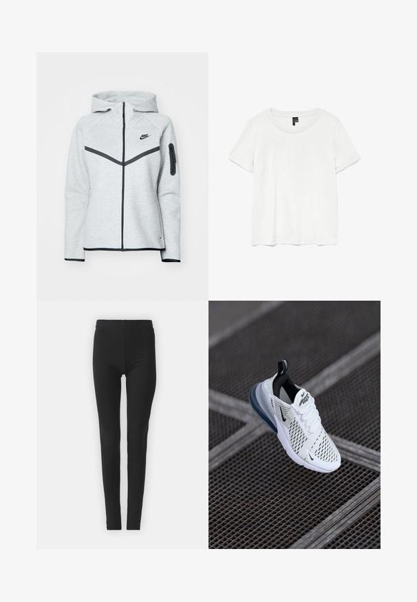 Sudadera gris con cremallera y capucha, con detalles en negro, que presenta un diseño diagonal en la parte delantera, el logo de Nike y un bolsillo con cremallera en la manga.; Camiseta blanca de manga corta con un cuello redondo, hecha de tejido ligero. Diseño simple, textura suave y dobladillo recto.; Leggings negros y elásticos con un ajuste ceñido, que cuentan con una cintura alta y una textura suave. Sin patrones visibles ni detalles de hardware.; Zapatilla deportiva blanca con parte superior de malla, detalles en negro y una almohadilla de aire visible en la suela. Presenta un diseño con cordones y un tirador.