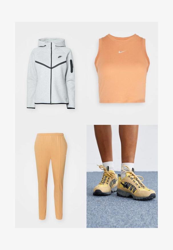 Grå lynlås-hoodie med hætte og sorte accenter, der har et diagonalt design på forsiden, Nike-logo og en lynlåslomme på ærmet.; Nike Sportswear TANK - Top - amber brown/sail; Orange joggebukser lavet af blødt bomuld, med elastisk talje, tætsiddende ben og et diskret hvidt logo på venstre lår.; Gule ruskinds- og mesh-sneakers med sorte og hvide stribede detaljer, strukturerede såler og snørebåndsdesign. Hvide sokker synlige over anklen.