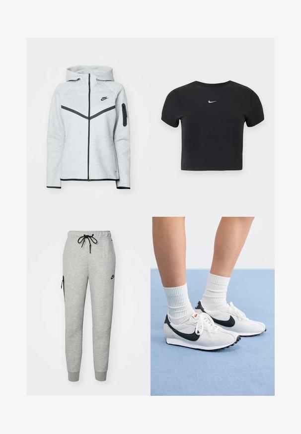 Sivá mikina na zips s kapucňou a čiernymi akcentmi, s diagonálnym dizajnom na prednej strane, logom Nike a zipsovým vreckom na rukáve.; Čierne krátke tričko z bavlny s okrúhlym výstrihom a krátkymi rukávmi. Na hrudi výrazné biele logo Nike.; Šedé tepláky vyrobené z mäkkého materiálu s pásom na šnúrku, zúženými nohavicami a zipsovou vreckom na ľavej strane. Obsahujú čierne logo.; Biele sieťované tenisky s čiernymi akcentmi, okrúhlou špičkou a plochou gumovou podrážkou. V kombinácii s rebrovými bielymi ponožkami.