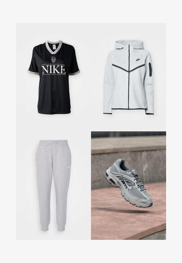 Sivá mikina na zips s kapucňou a čiernymi akcentmi, s diagonálnym dizajnom na prednej strane, logom Nike a zipsovým vreckom na rukáve.; Čierny dres Nike s krátkym rukávom, V-výstrihom a sivými akcentmi. Na prsiach sa nachádza veľké biele logo "NIKE" a emblém s krídlami.; Svetlosivé tepláky s nastaviteľným pásom, zúženými nohavicami a malým bielym logom na ľavom stehne. Vyrobené z mäkkej, štruktúrovanej tkaniny.; Svetlosivá a biela bežecká topánka Nike s dizajnom z oka, vznášajúca sa nad kamenným povrchom vonku.