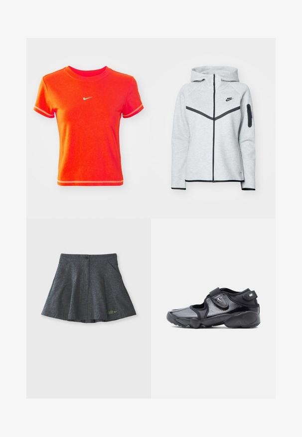 Grå lynlås-hoodie med hætte og sorte accenter, der har et diagonalt design på forsiden, Nike-logo og en lynlåslomme på ærmet.; Rød cropped T-shirt lavet af bomuld, med en ribbet crew neck og korte ærmer. Viser et lille hvidt Nike-logo på fronten.; Grå skort lavet af tekstureret stof med en taljebutton-lukning, der har to sidelommer og et subtilt broderet logo i kanten.; Sort Nike Air sko med blank finish, justerbare Velcro-stropper og udskæringsdesign på siderne, set fra siden på en ensfarvet baggrund.