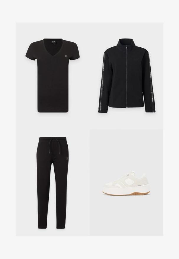 Veste zippée noire en tissu doux, dotée d'un col montant, d'un logo sur la poitrine et de rayures contrastantes avec du texte le long des manches.; T-shirt noir à manches courtes avec col en V, petit patch logo sur le côté gauche de la poitrine et étiquette intérieure au niveau de l'encolure.; Pantalon de survêtement noir slim avec taille élastique et cordon, avec petit logo "EA7 Emporio Armani" sur la cuisse gauche.; Baskets compensées blanches et beige avec lacets à l'avant, semelle en gomme, branding sur le côté et détails de panneaux cousus.